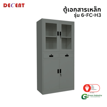 ตู้เอกสารเหล็กบานเปิด บน-กระจก ล่าง-ทึบ มีลิ้นชักกลาง DECENT รุ่น FC-H3 สีเทา